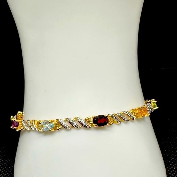 925 Sterling Silver Two-Tone Multi-Gemstone Hinged Bangle Bracelet - Picture 5 of 17